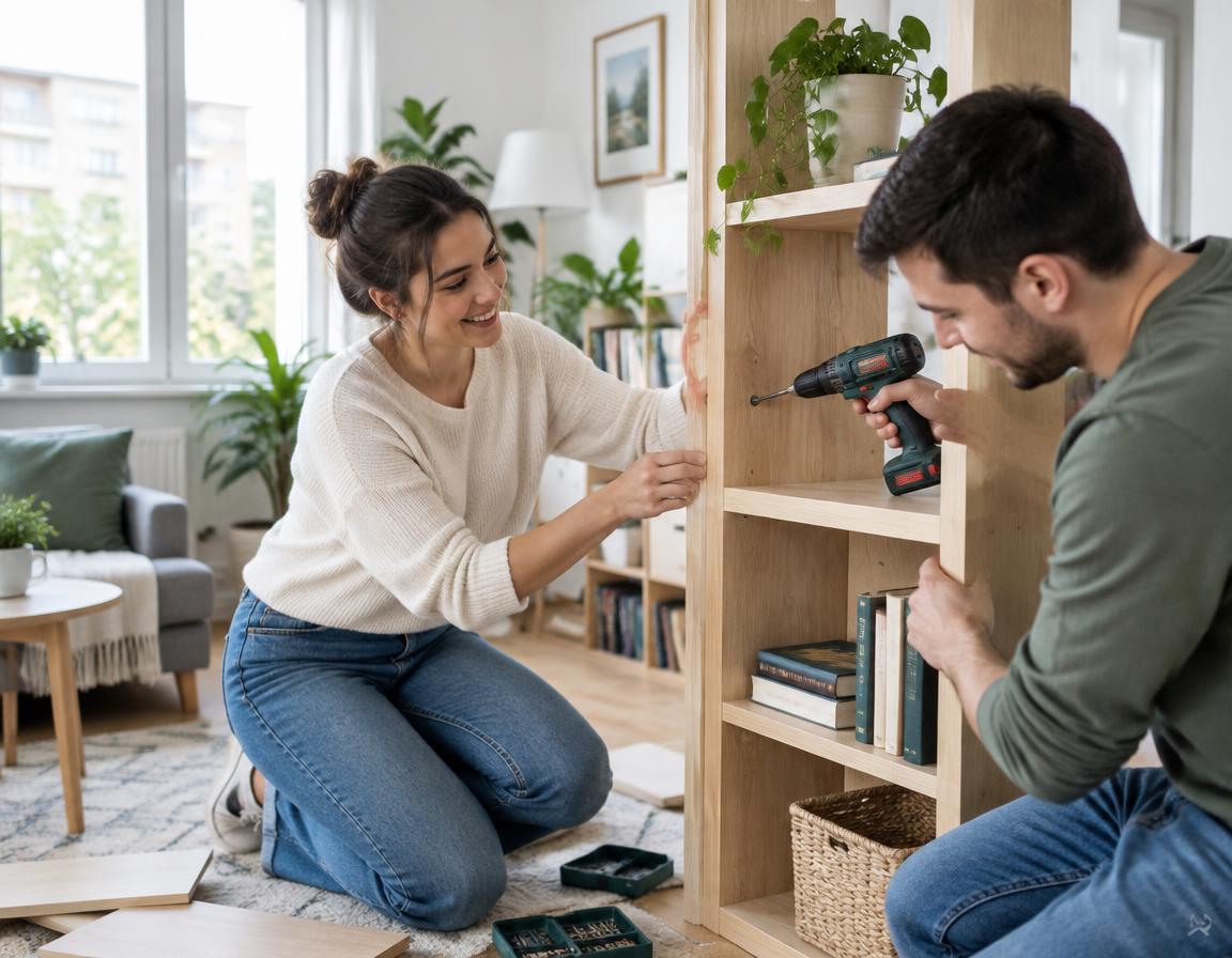 Un cuplu montează mobilier în locuința lor