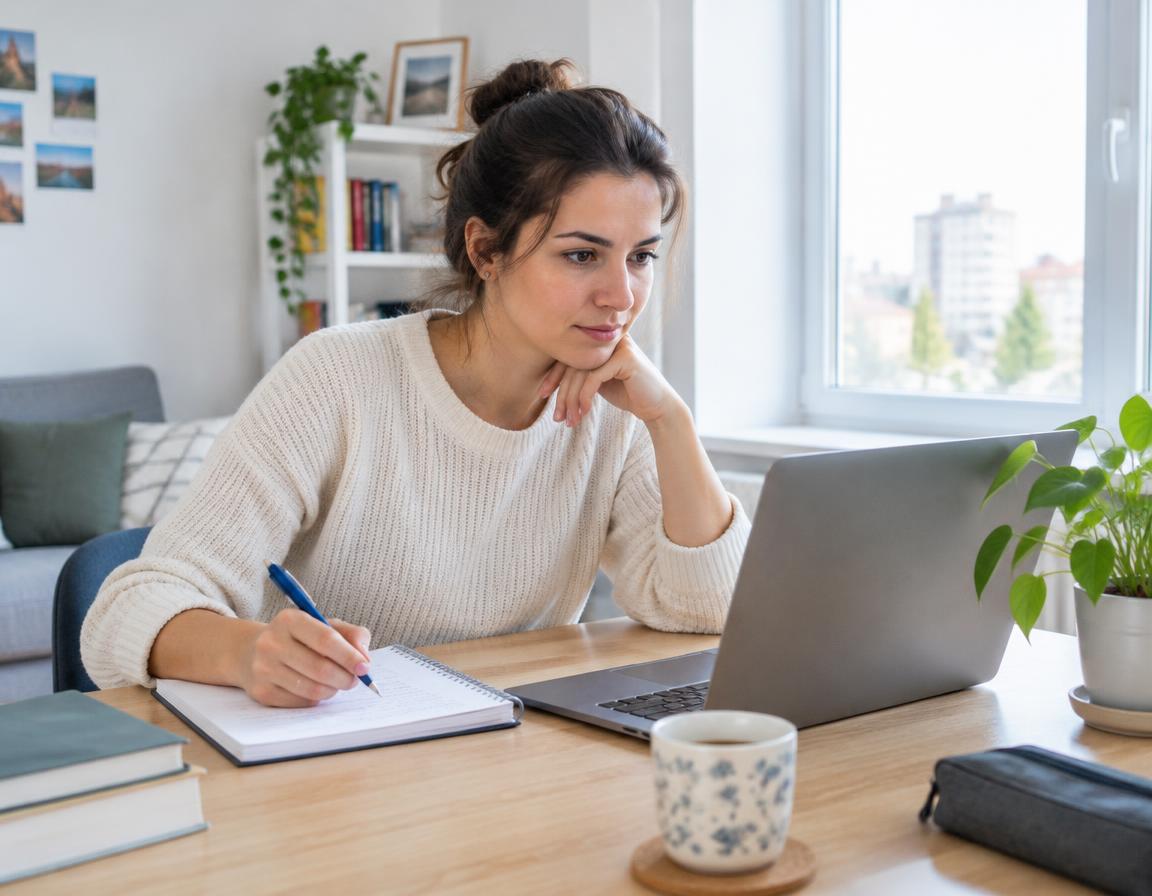 O femeie studiază la laptop pentru un curs